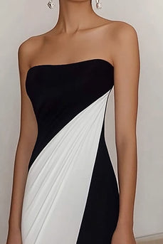 Black White Sheath Strapless Ruched Maxi Formal Dress