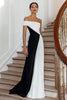 Load image into Gallery viewer, Black White A Line Off the Shoulder Maxi Formal Dress