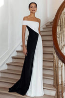 Load image into Gallery viewer, Black White A Line Off the Shoulder Maxi Formal Dress