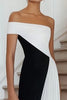Load image into Gallery viewer, Black White A Line Off the Shoulder Maxi Formal Dress