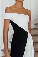 Load image into Gallery viewer, Black White A Line Off the Shoulder Maxi Formal Dress