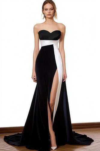 Black White Satin Sweetheart Maxi Formal Dress with Slit