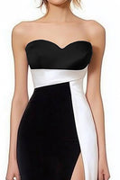 Load image into Gallery viewer, Black White Satin Sweetheart Maxi Formal Dress with Slit