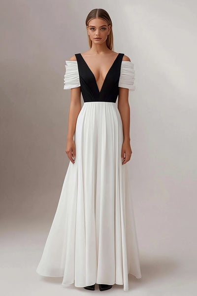 Black White A Line Deep V-Neck Maxi Formal Dress