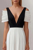 Load image into Gallery viewer, Black White A Line Deep V-Neck Maxi Formal Dress