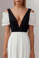 Load image into Gallery viewer, Black White A Line Deep V-Neck Maxi Formal Dress
