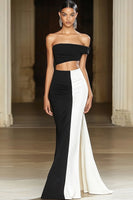 Load image into Gallery viewer, Black White Mermaid Off the Shoulder Satin Maxi Formal Dress