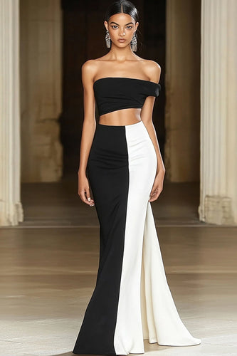 Black White Mermaid Off the Shoulder Satin Maxi Formal Dress