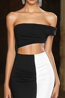 Load image into Gallery viewer, Black White Mermaid Off the Shoulder Satin Maxi Formal Dress