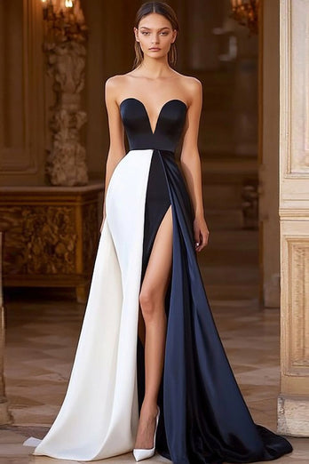 Navy White A Line Sweetheart Satin Maxi Formal Dress with Slit
