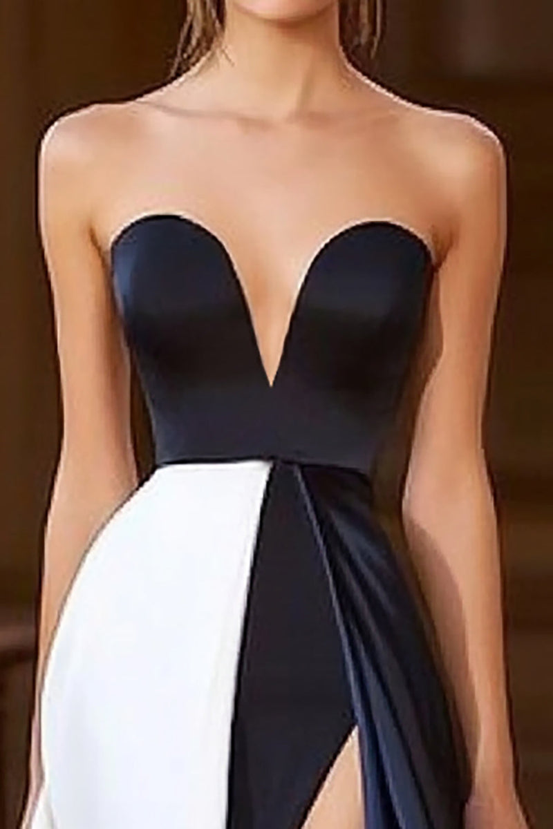 Load image into Gallery viewer, Navy White A Line Sweetheart Satin Maxi Formal Dress with Slit