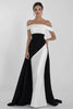 Load image into Gallery viewer, Black White Sheath Off the Shoulder Satin Maxi Formal Dress