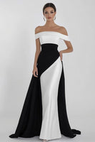 Load image into Gallery viewer, Black White Sheath Off the Shoulder Satin Maxi Formal Dress