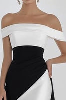 Load image into Gallery viewer, Black White Sheath Off the Shoulder Satin Maxi Formal Dress
