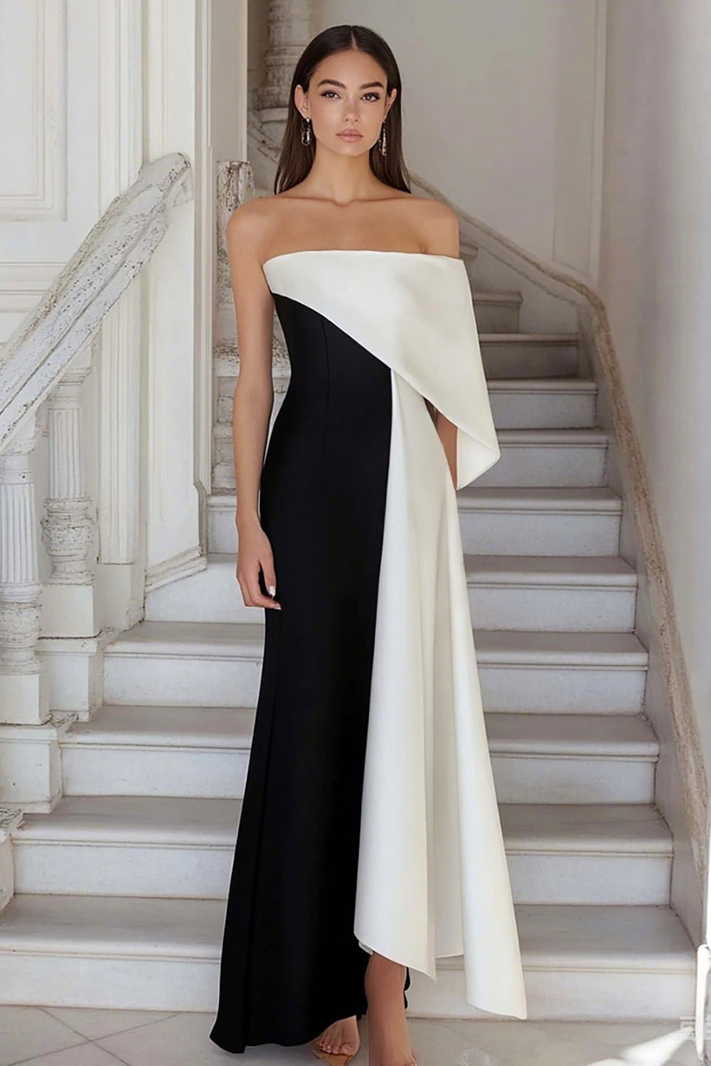 Black White Sheath Satin One Shoulder Maxi Formal Dress