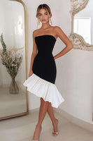 Load image into Gallery viewer, Black White Sheath Strapless Satin Asymmetrical Cocktail Dress with Ruffles