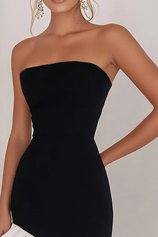 Black White Sheath Strapless Satin Asymmetrical Cocktail Dress with Ruffles