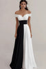 Load image into Gallery viewer, Black White A Line Off The Shoulder Satin Maxi Formal Dress