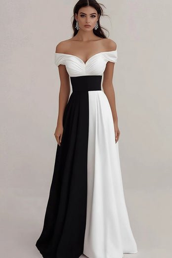 Black White A Line Off The Shoulder Satin Maxi Formal Dress