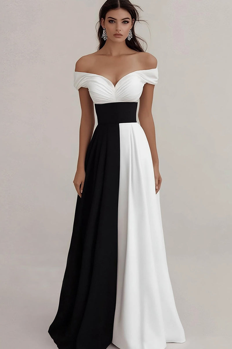Load image into Gallery viewer, Black White A Line Off The Shoulder Satin Maxi Formal Dress