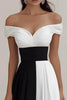 Load image into Gallery viewer, Black White A Line Off The Shoulder Satin Maxi Formal Dress