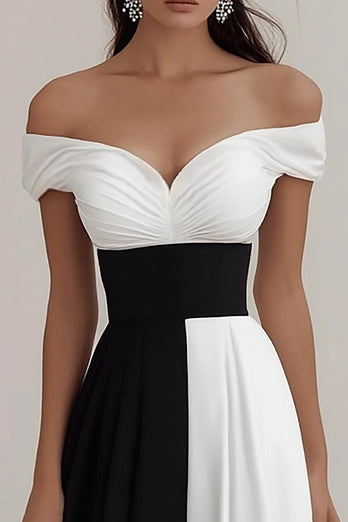 Black White A Line Off The Shoulder Satin Maxi Formal Dress
