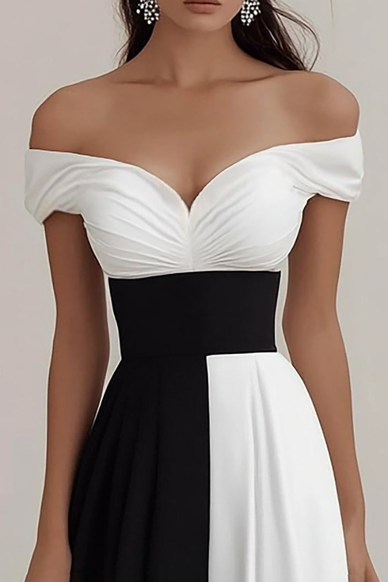 Load image into Gallery viewer, Black White A Line Off The Shoulder Satin Maxi Formal Dress