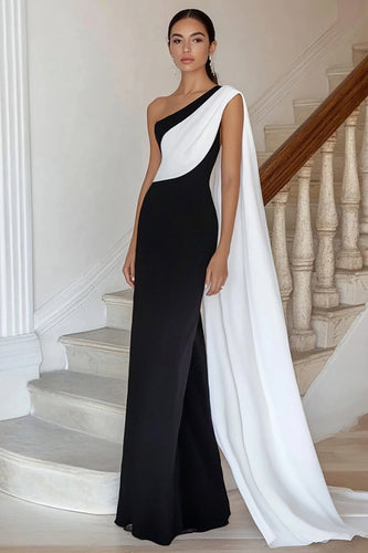 Black white Sheath One Shoulder Satin Maxi Formal Dress with Side Cape