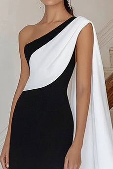 Black white Sheath One Shoulder Satin Maxi Formal Dress with Side Cape