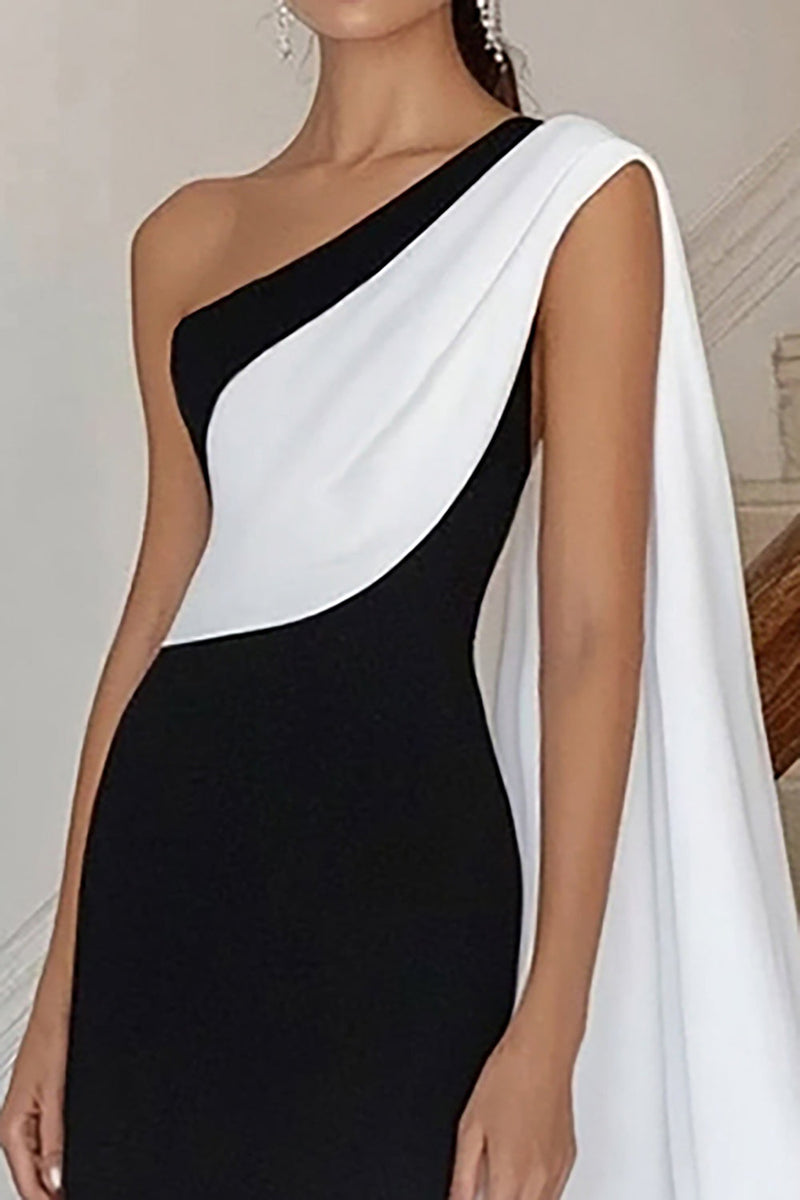 Load image into Gallery viewer, Black white Sheath One Shoulder Satin Maxi Formal Dress with Side Cape