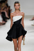 Load image into Gallery viewer, Black White A Line Strapless Satin Short Graduation Dress with Ruffles