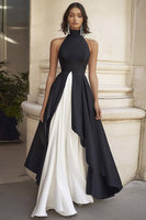 Load image into Gallery viewer, Black White A Line High Neck Satin Maxi Formal Dress