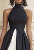 Load image into Gallery viewer, Black White A Line High Neck Satin Maxi Formal Dress