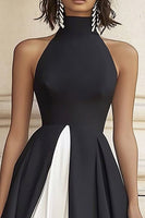 Load image into Gallery viewer, Black White A Line High Neck Satin Maxi Formal Dress