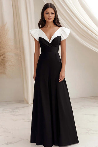 Black White A Line V-Neck Satin Maxi Formal Dress with Ruffles