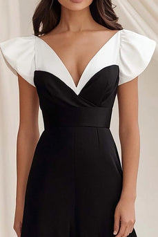 Black White A Line V-Neck Satin Maxi Formal Dress with Ruffles