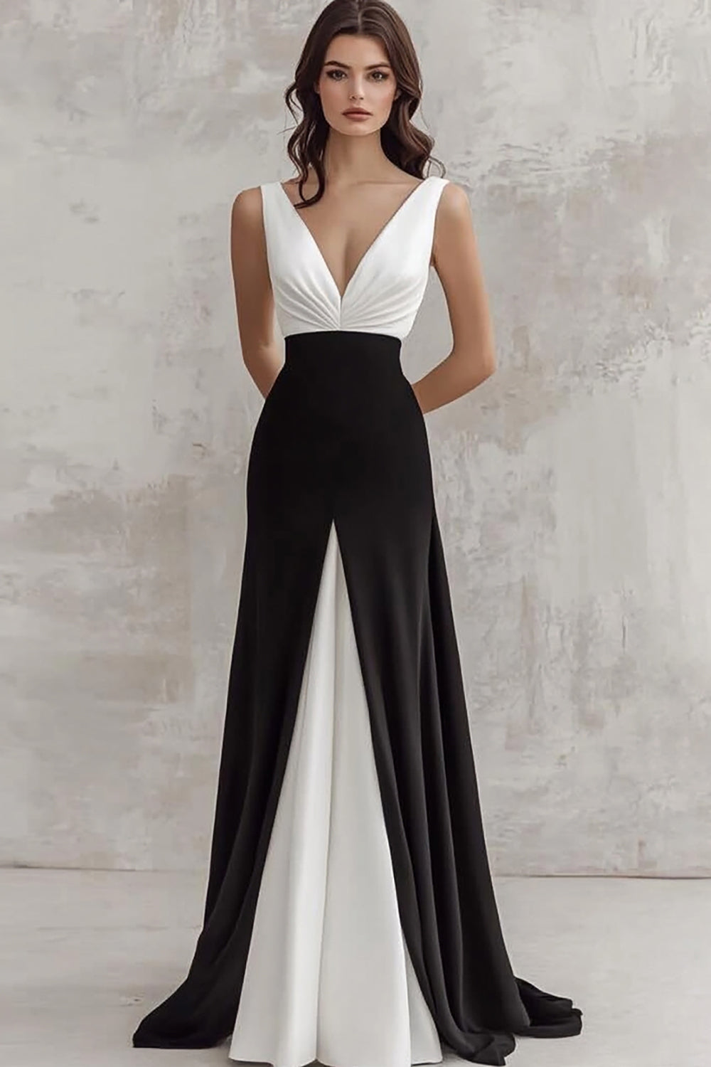 Black White A Line Satin V-Neck Ruched Maxi Formal Dress