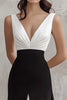 Load image into Gallery viewer, Black White A Line Satin V-Neck Ruched Maxi Formal Dress