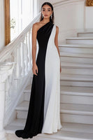 Load image into Gallery viewer, Black White Sheath One Shoulder Maxi Formal Dress