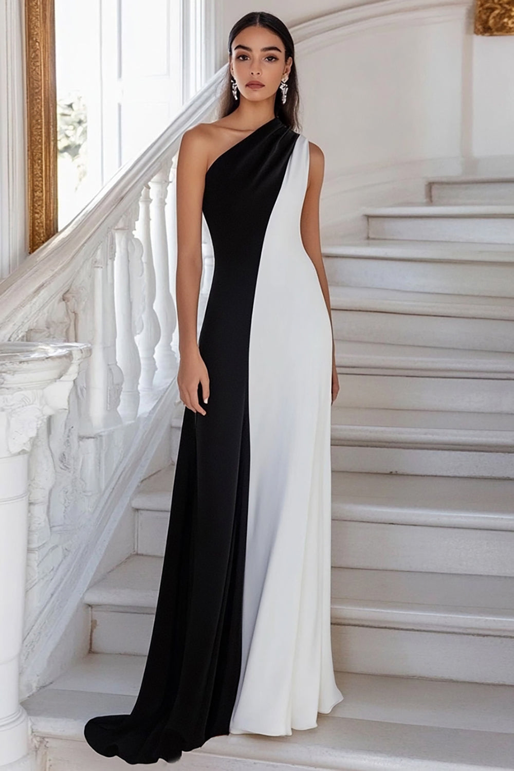 Black White Sheath One Shoulder Maxi Formal Dress