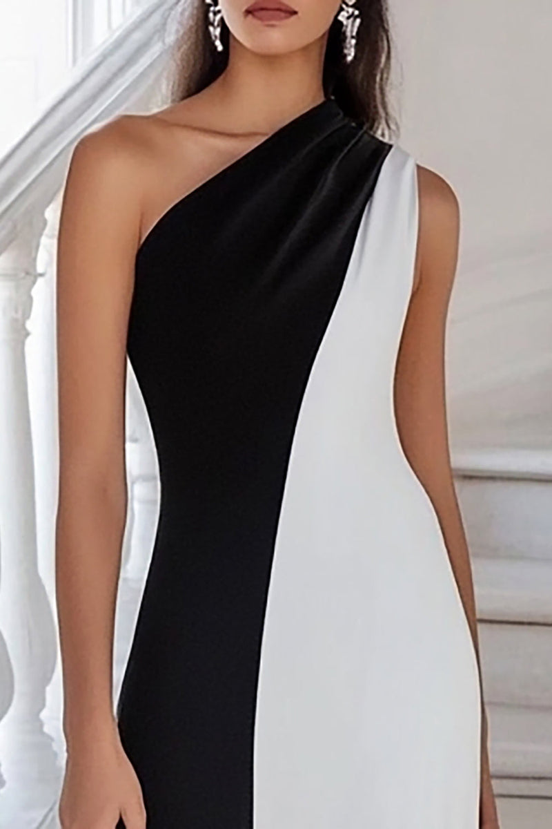 Load image into Gallery viewer, Black White Sheath One Shoulder Maxi Formal Dress