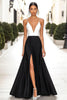 Load image into Gallery viewer, Black White A Line Spaghetti Straps Satin Maxi Formal Dress with Slit