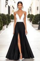 Load image into Gallery viewer, Black White A Line Spaghetti Straps Satin Maxi Formal Dress with Slit