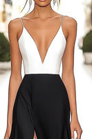 Load image into Gallery viewer, Black White A Line Spaghetti Straps Satin Maxi Formal Dress with Slit