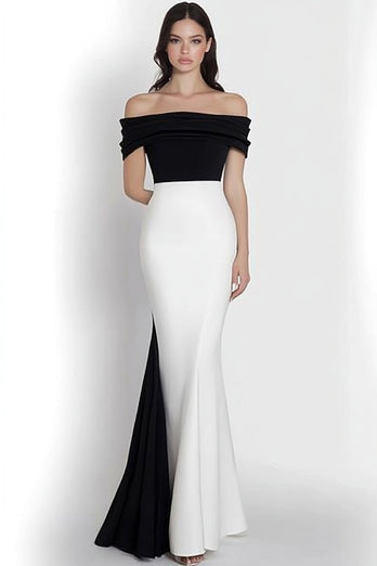 Black White Mermaid Satin Off the Shoulder Maxi Formal Dress