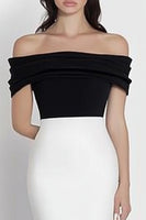 Load image into Gallery viewer, Black White Mermaid Satin Off the Shoulder Maxi Formal Dress