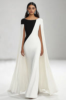 Load image into Gallery viewer, Black White Sheath Boat Neck Maxi Formal Dress with Cape