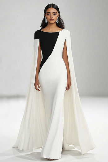 Black White Sheath Boat Neck Maxi Formal Dress with Cape