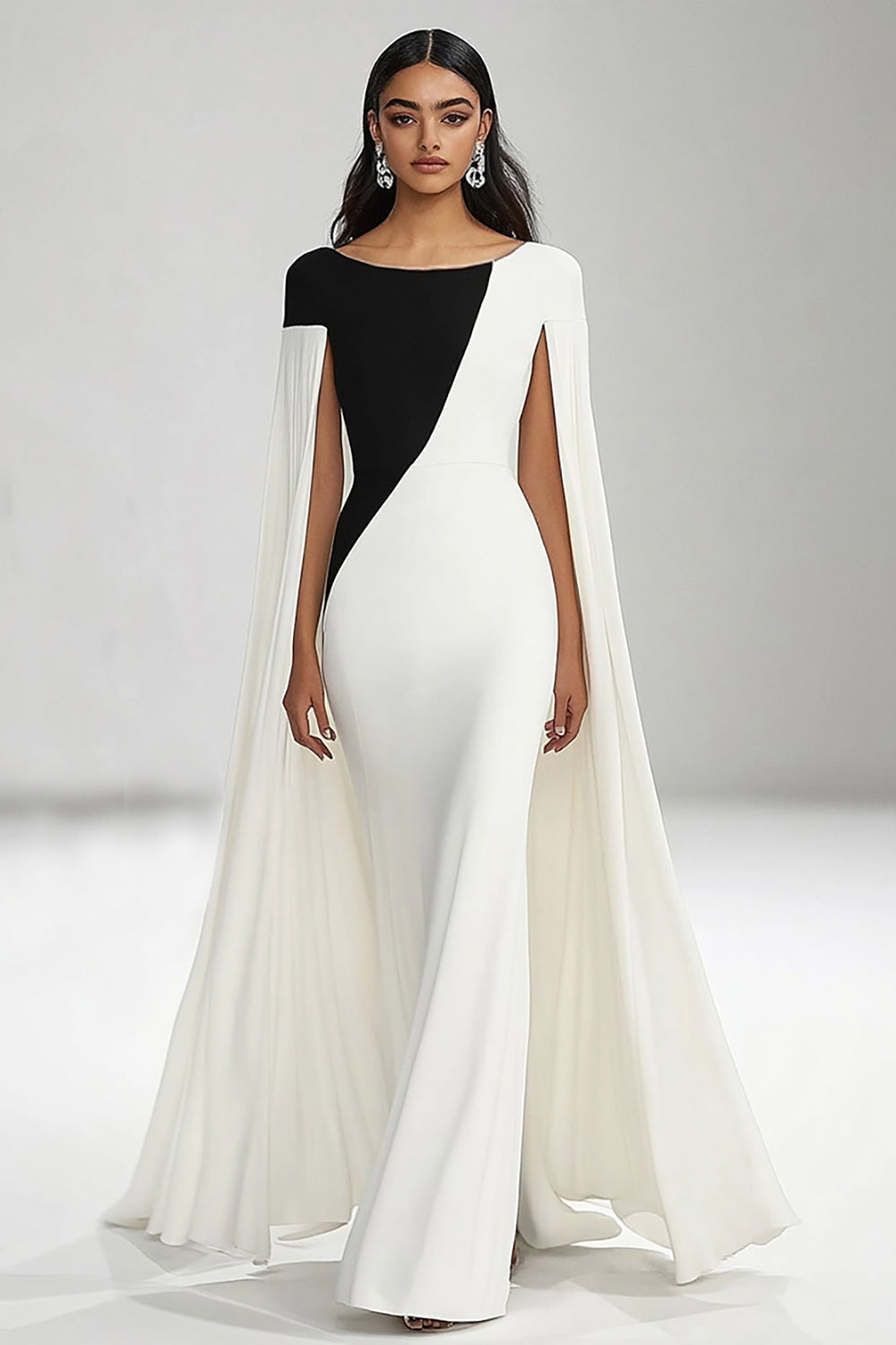 Black White Sheath Boat Neck Maxi Formal Dress with Cape