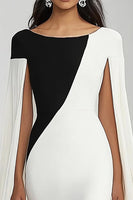 Load image into Gallery viewer, Black White Sheath Boat Neck Maxi Formal Dress with Cape
